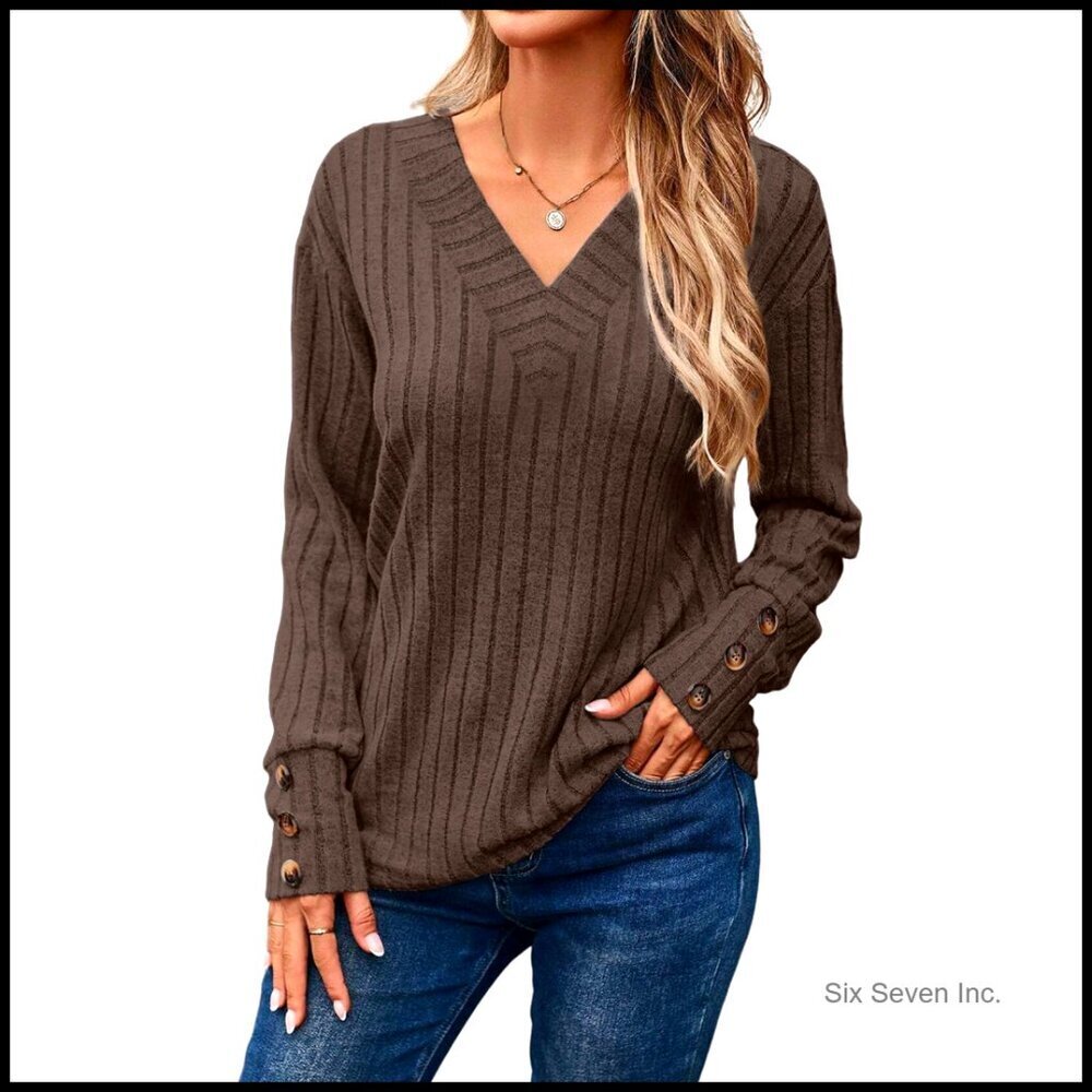 Soft Knitted Pullover Tunic Top Long Sleeve V Neck Casual Chic Button Detail